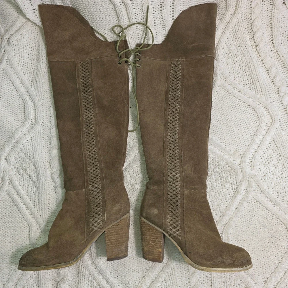 Sbicca Gusto Over The Knee Boots Brown Suede Woven Side‎ Lace Up Back Women 7
